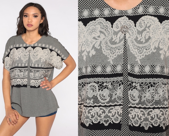 Grey Lace Print Blouse 90s Shirt Black Patterned Top Grunge Boho 1990s Vintage Bohemian Oversized Medium