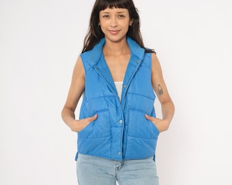 80s Cobalt Puffer Vest Sir Jac Jacket Blue Quilted Waistcoat Collared Shell Gorpcore Outdoor Layering Top Royal Ski Winter Vintage Medium M