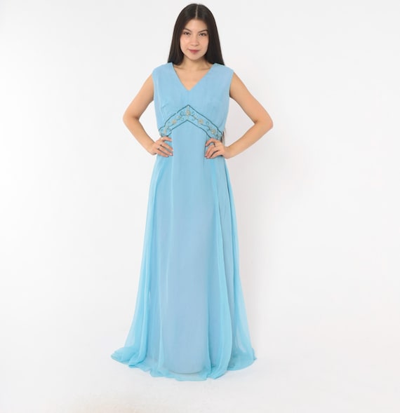 70s Beaded Empire Waist Gown Sky Blue Chiffon Overlay Sleeveless V Neck Formal Evening Dress Powder Periwinkle Embellished Vintage Large L