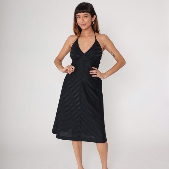Black Halter Dress 70s Vintage Striped Deep V Backless Fit Flare Diagonal Pattern Sleeveless Mini Disco Glam Party Evening Open back Small S