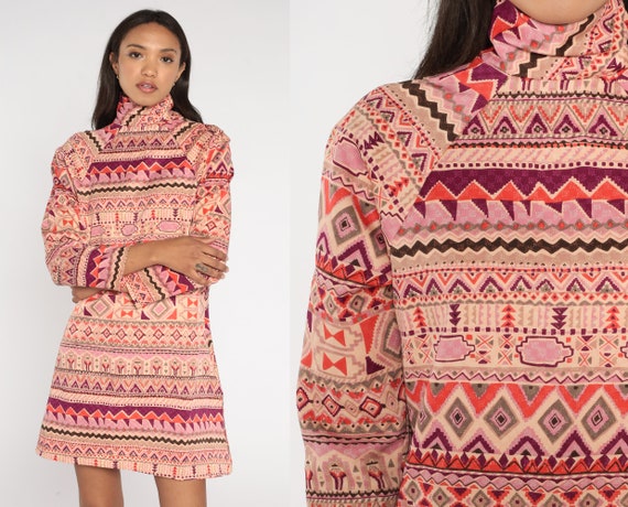 Mod Mini Dress 60s Geometric Aztec Print Pink Moc… - image 1