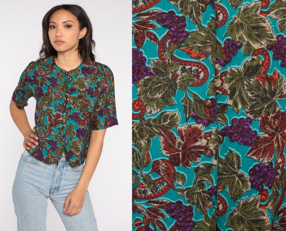 90s Button Up Blouse Paisley Grape Vine Print Top Grunge Fruit Shirt Retro Vintage Short Sleeve Statement Novelty Pattern 80s Boho Small