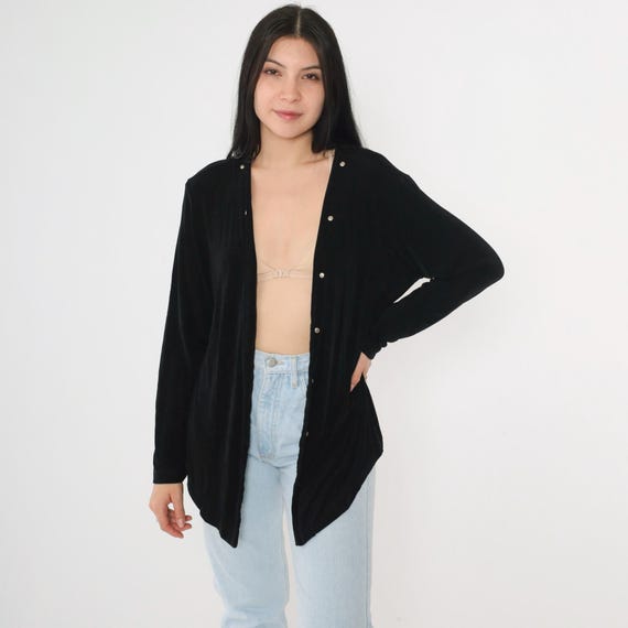 Vintage Y2K Black Studded Cardigan Lightweight Flowy Open Front Minimalist Stretchy Long Sleeve 00s USA Chico's Travelers Plus Size 3 (XL)