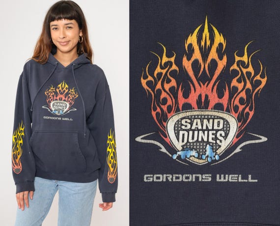 Y2K Gordons Well Sand Dunes Hoodie Sweatshirt Vintage Flame Graphic Off-Road ATV Motorsports  Navy Blue Pullover 00s Small S