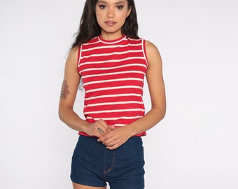 70s Tank Top Red Striped Shirt Tee Knit Mod Shirt Retro Top