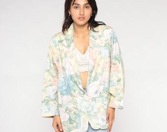 90s Floral Blazer Boho Summer Jacket Deep V Button up Lightweight Bohemian Retro Pastel Yellow Flower Print Spring Coat Vintage 1990s Large