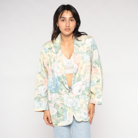 90s Floral Blazer Boho Summer Jacket Deep V Button up Lightweight Bohemian Retro Pastel Yellow Flower Print Spring Coat Vintage 1990s Large