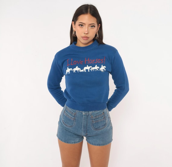 90s Horse Sweatshirt Cobalt Blue Cropped I Love Horses Graphic Cotton Equestrian Western Cowboy White Long Sleeve Vintage Extra Small XS