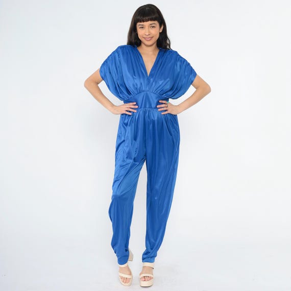 Vintage 80s Blue Jumpsuit Tapered Harem Pants Party V Neck One Piece High Waist Draped Short Sleeve  1980s Evening Romper Medium M