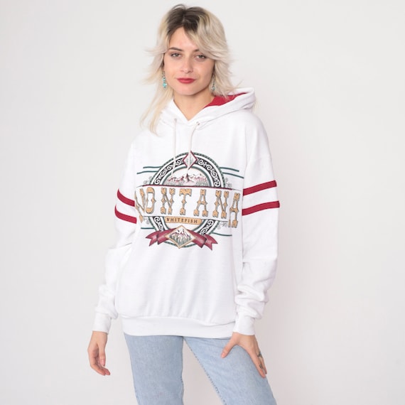 Montana Hoodie Sweatshirt 90s Whitefish Hooded Sweatshirt Hood White Mountain Forest Graphic 1990s Travel Souvenir Sweatshirt Vintage Medium