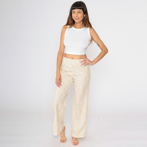 Vintage Flared Trousers 70s Heathered Peach Orange Teal Pants Pull On High Waisted Rise Boho Hippie Slacks Retro Seventies 1970s Small S