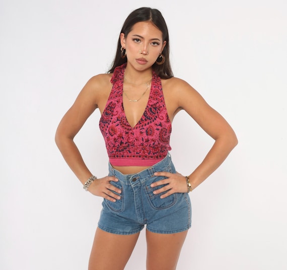 70s Halter Crop Top Pink Paisley Floral Block Print Cotton Backless Tie Back Deep V Neck Navy Sleeveless Summer Blouse Womens Small S