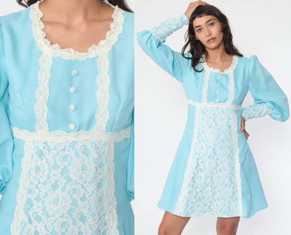 Babydoll Mini Dress 70s Baby Blue Victorian PUFF S