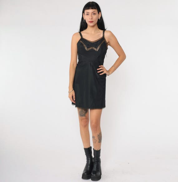 Vintage 1950s Black Slip Dress Floral Embroidered Lace Trim Taffeta Metal Side Zipper 50s Tafreda Endear Barbizon Little Miss Extra Small xs