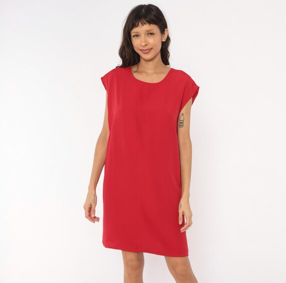 90s Red Shift Dress Cap Sleeve Crimson Cherry Minimal Boxy Relaxed Fit Closure Summer Vacation Bright Valentines Day Casual Vintage Large L