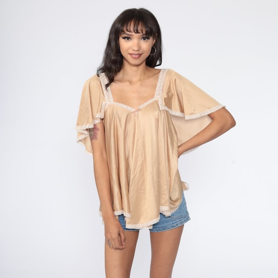70s Tent Top Tan Flutter Sleeve Blouse Boho Top Tunic Shirt Hippie Shirt Bohemian Vintage Short Sleeve Extra Small xs