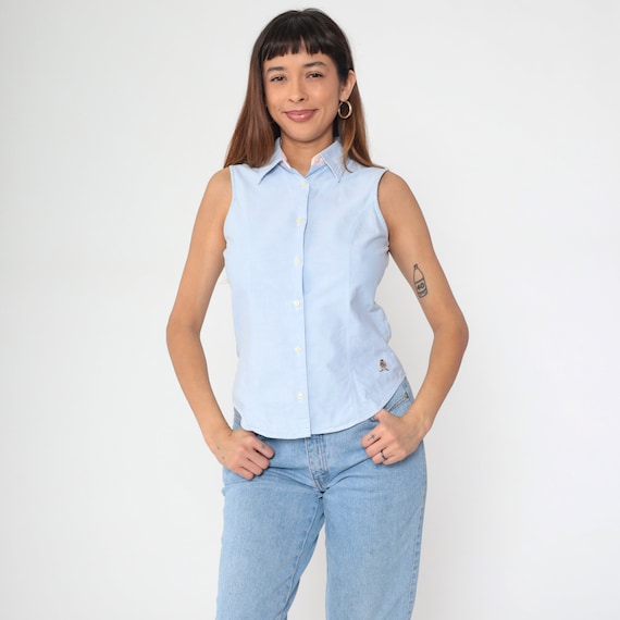 Blue Tommy Hilfiger Blouse Y2k Button Up Shirt Retro Tank Top Sleeveless Oxford Collared Shirt Casual Simple Preppy Vintage 00s Small 4