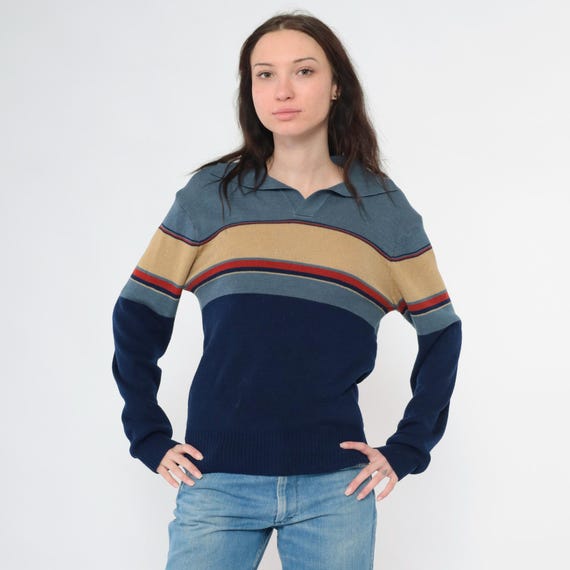 Vintage Blue Striped Sweater 70s 80s Navy Johnny Collar Knit Buttonless Polo V Neck Pullover Sweater Preppy 1980s Nerd Geek Small Medium
