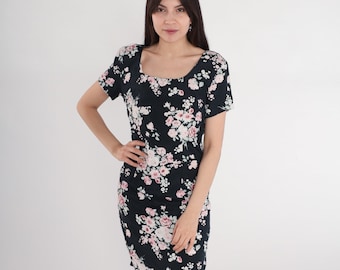 Floral Bodycon Dress Black 90s Mini Sheath Dress Flower Print Party Summer Pencil Short Sleeve Scoop Neck MiniDress Vintage 1990s Small