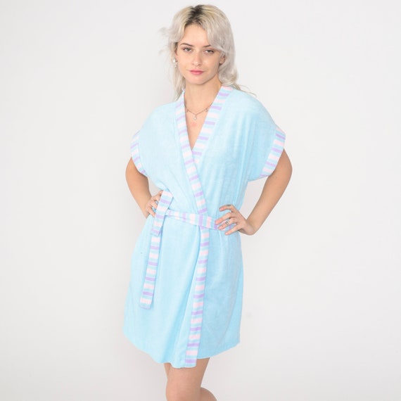 70s Terry Cloth Robe Baby Blue Dressing Gown Striped Robe Pajama Robe Vintage 1970s Pastel Pink Purple Wrap Retro Bohemian Small Medium