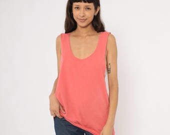 Coral Tank 90s Cotton Sleeveless Blouse Salmon Pink Loose Fit Shell Top Deep Dyed Washed Summer Shirt Rose Beach Vacation Tee Medium M