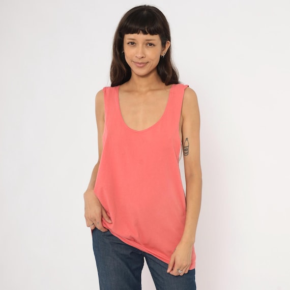 Coral Tank 90s Cotton Sleeveless Blouse Salmon Pink Loose Fit Shell Top Deep Dyed Washed Summer Shirt Rose Beach Vacation Tee Medium M
