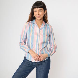 Vintage Pastel Striped Blouse 80s Baby Pink Blue Yellow Long Sleeve Button Up Collared Shirt Feminine Spring 1980s Small S