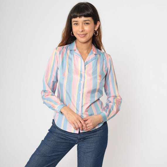 Vintage Pastel Striped Blouse 80s Baby Pink Blue Yellow Long Sleeve Button Up Collared Shirt Feminine Spring 1980s Small S