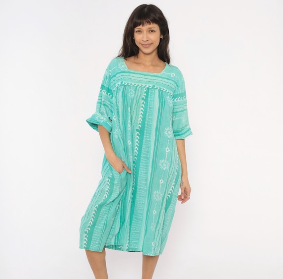 80s Teal Muumuu Dress Saybury Block Print Cotton Midi Tent Puff Sleeve Aqua Mint Green Tribal Pattern Kaftan Caftan Loungewear Plus Size 1X