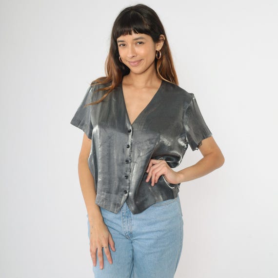 Vintage Metallic Silver Blouse 90s Shiny Button up Shirt V Neck Short Sleeve Glam Party Going Out Party Rave Boho 1990s Extra Large xl