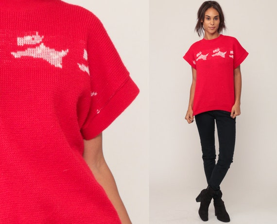 Knit Shirt 80s SCOTTIE DOG Top Cap Short Sleeve Sweater Top Novelty Print Bohemian Retro Tee Vintage 70s Kawaii Boho Extra Large xl 2xl xxl