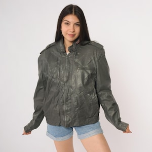 80s Leather Jacket Moto Gray Grunge Zip Up Bomber Coat Epaulettes Lined Biker Streetwear Outerwear Removable Faux Fur Lining 44 Large