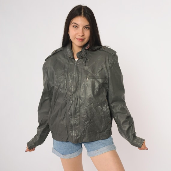 80s Leather Jacket Moto Gray Grunge Zip Up Bomber Coat Epaulettes Lined Biker Streetwear Outerwear Removable Faux Fur Lining 44 Large