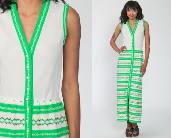70s Maxi Dress Mod Dress Green White Striped Dress