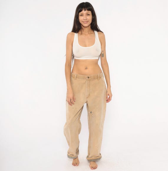 Carhartt Carpenter Pants Flannel Lined Canvas Work Trousers Sand Distressed Utility Workwear Cotton Straight Leg 2000s Baggy Extra Large XL