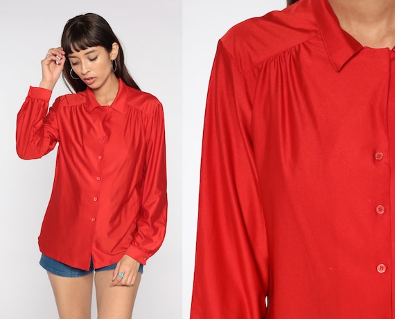 Red Button Up Shirt 70s 80s Blouse Vintage Plain Shiny Secretary Top Simple Collared Shirt Formal Minimalist 1980s Long Sleeve Medium Large