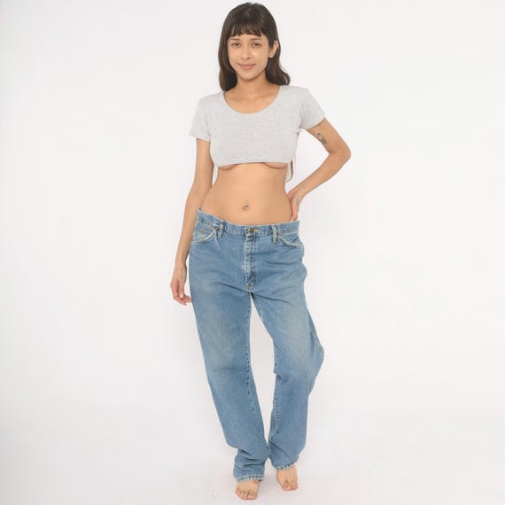 Wrangler Straight Leg Jeans 90s Light Wash Denim Blue Cowboy Western Faded Relaxed Fit Cotton Dad Style Vintage Pants Trousers 35 x 34