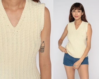 80s Sweater Vest Cream Cable Knit Tank Top 1980s Sleeveless Pullover V Neck Preppy Knitwear Plain Acrylic Vintage Small S