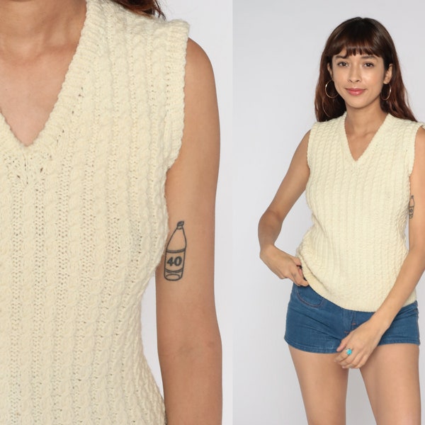 80s Sweater Vest Cream Cable Knit Tank Top 1980s Sleeveless Pullover V Neck Preppy Knitwear Plain Acrylic Vintage Small S