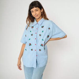 90s Chambray Strawberry Shirt Vintage Embroidered Button Up Denim Shirt Blue Jean Short Sleeve Blouse Boho Retro Spring Top 1990s 1x