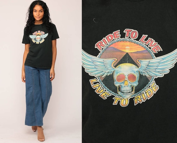Biker Shirt LIVE TO RIDE Motorcycle Tshirt Skull Shirt Motorcycle t Shirt Black 80s Graphic Tee Rocker Highway Moto Rock Medium