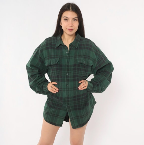 90s Grunge Flannel Gap Plaid Shirt Green Black Cotton Button Front Collar Long Sleeve Lumberjack Tartan Workwear Vintage Extra Large XL
