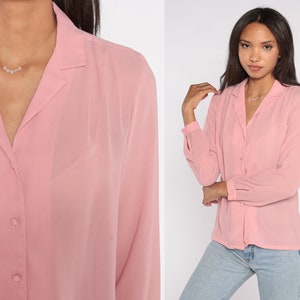 Pink Chiffon Blouse Sheer Top 80s Boho Party Cocktail Formal Shirt 1980s Button Up Vintage Bohemian Long Sleeve Small S 6 image 1