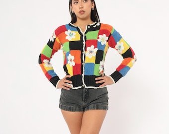2000er Jahre Colorblock Patchwork Cardigan Farbblock Handgestrickte Blume Applikation Regenbogen Farbig