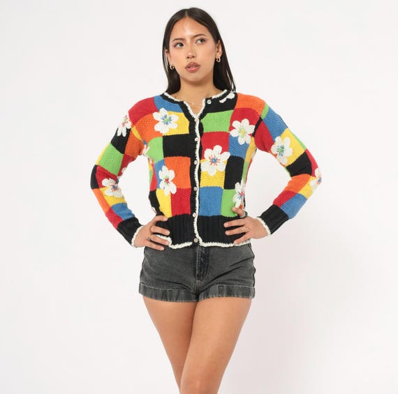 Patchwork Floral Cardigan 2000s Colorblock Knit Sweater Hand Knit Flower Applique Rainbow Cropped Multicolor Susan Bristol Petite Small S