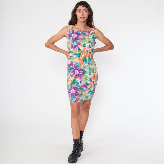 Floral Summer Dress 90s KEYHOLE Dress Sundress Tropical Mini Floral Sun Dress 1990s Bohemian Vintage Cutout Boho Sleeveless Sheath Small 4