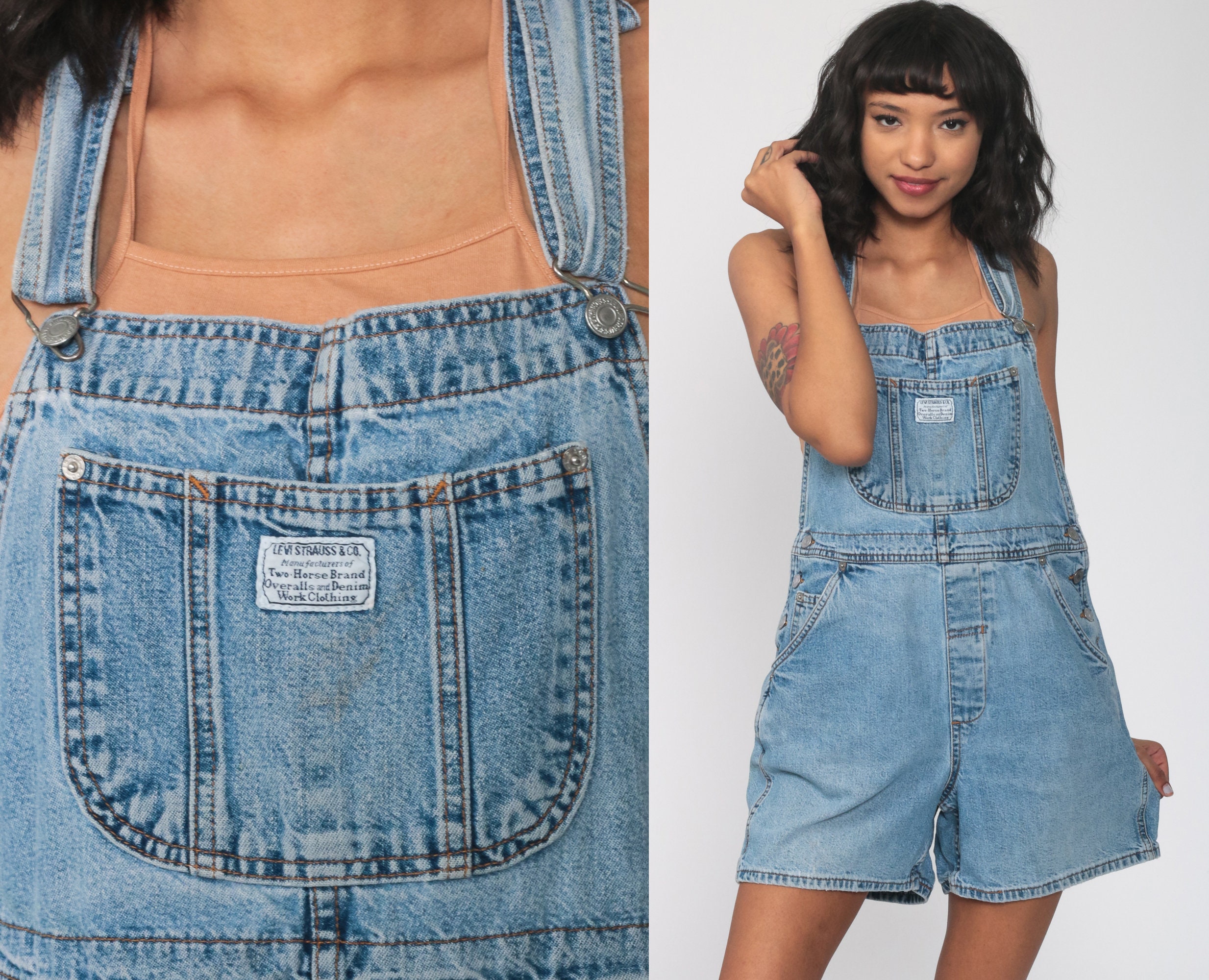 Levis Overalls Denim Overall Shorts 90s Jean Shorts Levi Bib Shortalls  Cargo Grunge Suspender Blue Woman 1990s Vintage Medium Large