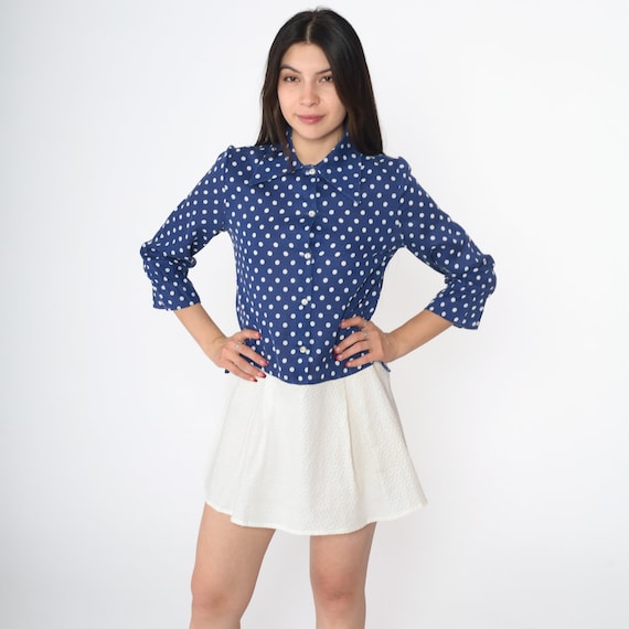 Mod Polka Dot Dress 60s Navy Blue Dress Micro Mini Button Up Dagger Collar Low Waist 3/4 Long Sleeve Retro 1960s Space Age Twiggy Small S