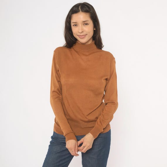 Camel Brown Turtleneck Sweater Mock Neck 2000s Tan Pullover Fitted Knit Blouse Oatmeal Top Winter Ski Layering Long Sleeve Women Small S