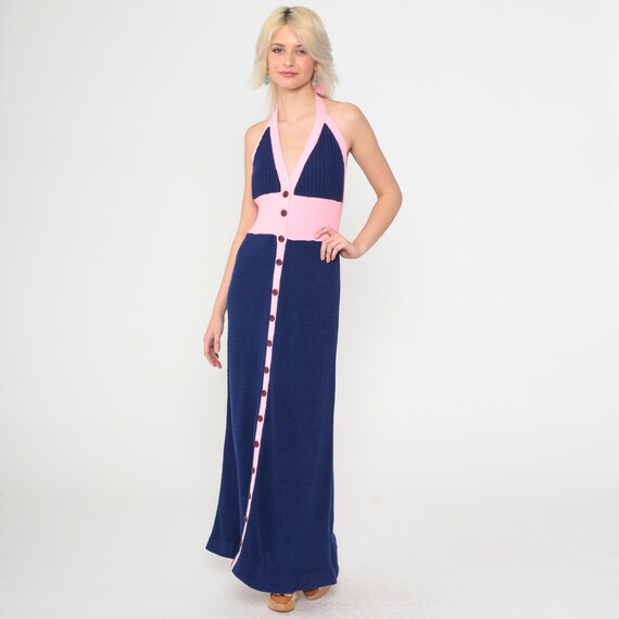 70s Halter Sweater Dress Navy Blue Pink Maxi Button Up Dress Ringer Boho Vintage Long V Neck Dress High Waist Sleeveless Bohemian Small